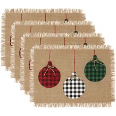 three burlap christmas ornaments hanging from twine with red and green plaid ornament