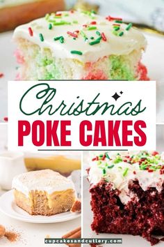 christmas poke cakes with white frosting and sprinkles on top, including one slice