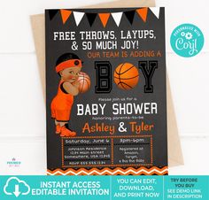 an orange and black basketball baby shower is shown