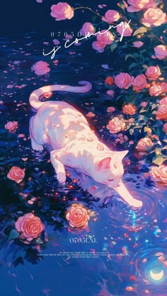 a cat is swimming in the water surrounded by flowers