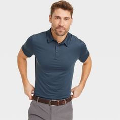 Why we're ALL IN: This jersey polo tee helps create a cool, sporty look. Designed with soft and stretchy fabric, this lightweight T-shirt offer flexible comfort, and the collared neckline with 3-button closure makes for ease of wear. Plus, the below-waist length and solid hue allows for easy pairing with a variety of bottoms. All in Motion™: Made for every move, priced for every day. Sporty Polo Collar T-shirt With Relaxed Fit, Sporty Polo Collar T-shirt For Golf, Casual Solid T-shirt With Seamless Collar, Casual Short Sleeve Moisture-wicking Polo Shirt, Casual Moisture-wicking Short Sleeve Polo Shirt, Casual Fitted Shirt With Moisture-wicking, Moisture-wicking Polo Collar Golf T-shirt, Blue Moisture-wicking Short Sleeve Polo Shirt, Sporty Short Sleeve Relaxed Fit Polo Shirt