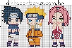 cross stitch pattern with three cartoon characters in different outfits, one girl and the other boy