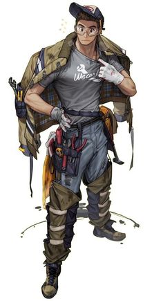 a drawing of a man in overalls and safety gear with his hands on his hips