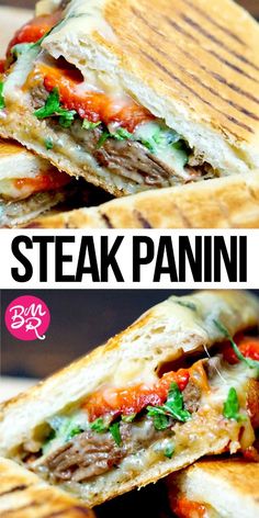 steak panini cut in half and stacked on top of each other with text overlay