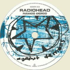 the label for radiohead's paranoid androidid album, which is printed in blue ink