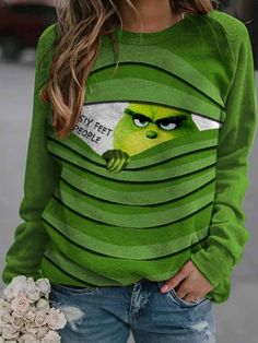 Green Grinch Stole Print Round Neck Long Sleeve Sweatshirt Green Sweatshirt, Round Neck Sweatshirts, Print Sweatshirt, Printed Sleeves, Christmas Women, Top Pattern, Christmas Sweatshirts, Casual Sweatshirt, Cartoon Print