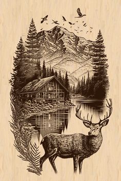 a deer standing in front of a lake surrounded by trees and mountains with birds flying over it