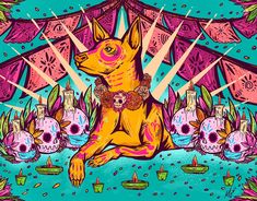 a drawing of a dog sitting on the ground with skulls in front of it and an umbrella over its head