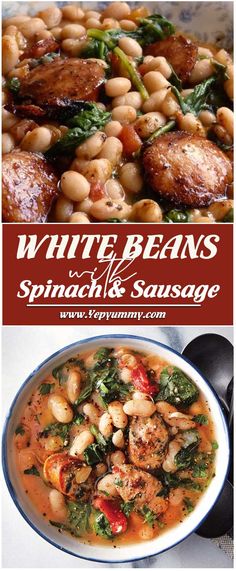 white beans and spinach soup in a bowl with the title overlaying it