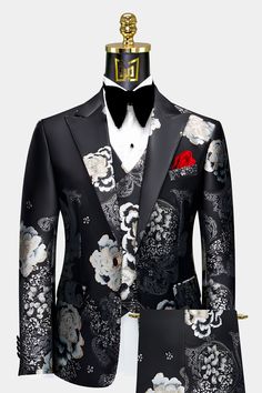 Black and Silver Suit | Gentleman's Guru Black And Silver Suit, Latest Suit Styles, Floral Tuxedo, Silver Suit, Tuxedo Prom, Floral Suit, Black Tie Attire, Prom Tuxedo, Fancy Suit