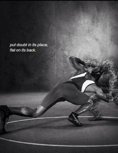 a black and white photo of a woman on a basketball court with the words out doubt in its place, fall on its back