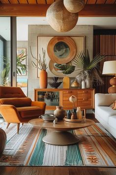 a living room filled with lots of furniture next to a large glass window and potted plants