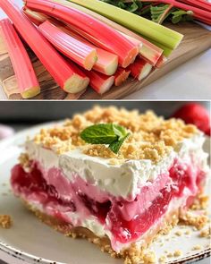 there are many different types of desserts on this plate and in the middle one is rhubarb