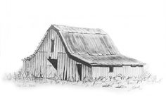 a pencil drawing of a barn in the country