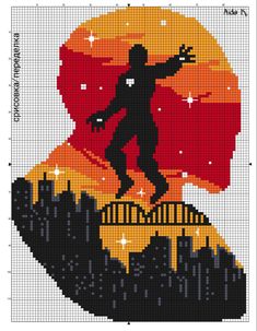 a cross stitch pattern with the silhouette of a man on top of a mountain