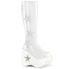 Demonia Dynamite-218 White Patent And Glitter 5" (127mm) Star Cutout Platform Wedge Knee High Boot Featuring Glitter Star Side Patch Details, Inner Side Metal Zip Closure, Dyn218/W-Wmcg Free Shipping And Brand New In Box If You Don't See Your Size, Please Leave A Comment Perfect For A Festival Set, Rave Outfit, Dollskill Shoes, Cosplay Anime Costumes, With Alternative Clothing And More #Nwt #Y2k #Summer #Retro #Trendy Dollskill Shoes, Knee High Platform Boots, Headpiece Accessories, Goth Boots, Demonia Shoes, Star Boots, Knee Length Boots, Pleaser Shoes, Glitter Stars