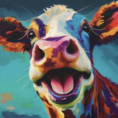 a painting of a cow with its mouth open