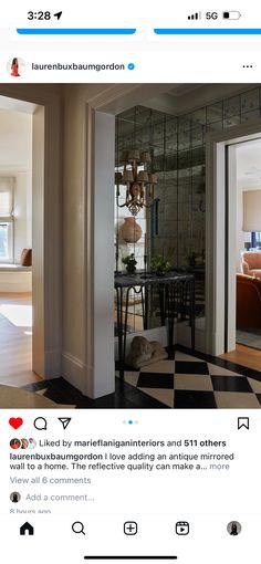 an instagramted photo of a dining room and living room with black and white checkered flooring