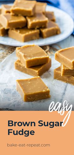 brown sugar fudge on a plate with text overlay