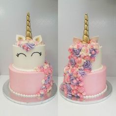 two cakes decorated with flowers and unicorn ears