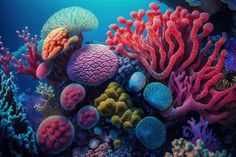 an underwater scene with corals and other marine life