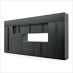 a black cabinet with doors and drawers on the side, next to a white wall