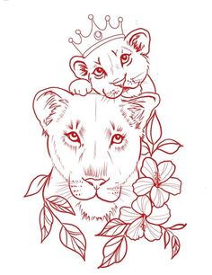 a drawing of a lion with a crown on it's head and flowers around its neck