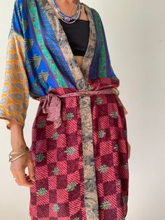 "This is one of a kind silky patchwork kimono robe made in free size with easy wrap tie closing long and flowy lighweight outfit for evryday perfect on its own or layered over with jeans and t shirt length 55\" more available at https://www.etsy.com/shop/AltheaStores? Thank you for looking" Multicolor Kimono With Tie Waist And Kimono Sleeves, Multicolor Wrap Kimono With Patchwork, Multicolor Patchwork Wrap Kimono, Blue Bohemian Kimono With Patchwork, Multicolor Patchwork Robe With Kimono Sleeves, Patchwork Wrap Kimono, Patchwork Kimono, Boho Patchwork, Easy Wrap