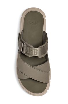 Tonal logos along the straps maintain the suave signature style of a two-strap sandal grounded by a utilitarian lug sole. 2 3/4" heel; 2 1/4" platform (size 8.5) Leather and textile upper/textile lining/synthetic and rubber sole Imported Casual Sandals With Logo Strap For Spring, Leather Sport Sandals With Logo Strap For Summer, Casual Leather Sandals With Logo Strap, Platform Slide Sport Sandals In Synthetic, Platform Slide Sport Sandals In Synthetic Material, Synthetic Platform Slide Sport Sandals, Nylon Slides With Cushioned Footbed, Casual Nylon Slide Sandals, Two Strap Sandals