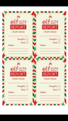 three christmas gift tags with the words elf report on them