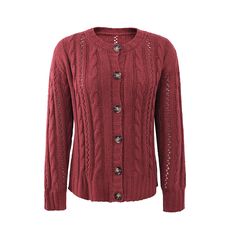 Wine Red Button-up Cable Knit Cardigan Red Button-up Cardigan For Winter, Red Knit Cardigan With Button Closure, Red Long Sleeve Cable Knit Cardigan, Red Cable Knit Long Sleeve Cardigan, Red Button-up Sweater, Red Knit Outerwear With Buttons, Red Knit Sweater With Buttons, Red Sweater With Button Closure For Fall, Red Button-up Cardigan With Buttons