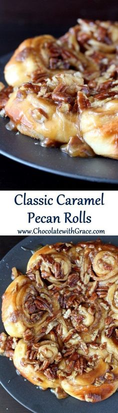 two different views of some kind of food on a black plate with the words classic caramel pecan rolls