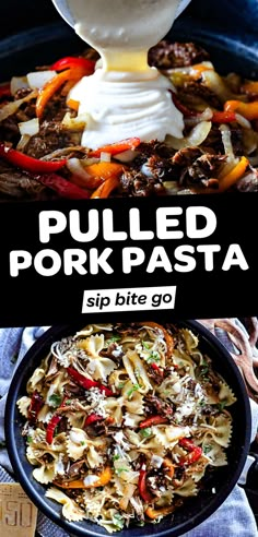 pulled pork pasta in a skillet with cheese being drizzled over it