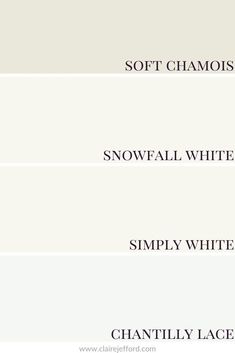 four different shades of white paint with the words, soft chamois and snowfall white