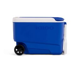 a blue and white cooler on wheels with the word gogo written on it's side