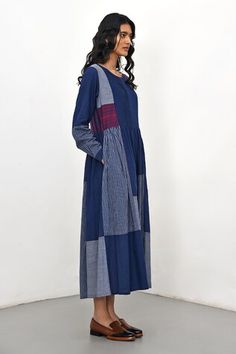 Navy handloom cotton tiered dress with striped printed patchwork, color blocked pattern, textured work, pleats and quilting inserts. - Aza Fashions Blue Cotton Patchwork Dress, Cotton Long Sleeve Dress With Pintucks, Long Sleeve Cotton Dress With Pintucks, Payal Pratap, Tiered Dress, Pattern Blocks, Women Dresses, Aza Fashion, Dresses Midi