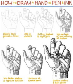 how to draw a hand in pen and ink with instructions on how to draw hands