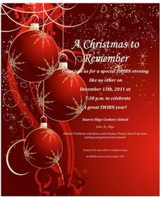 a christmas party flyer with red ornaments