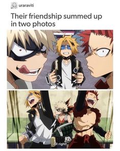 two anime characters with caption that reads, they're friends summed up in two photos