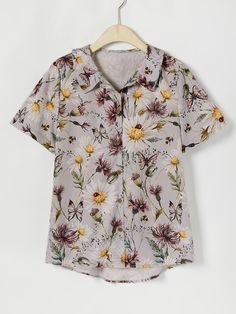 Gray Floral Buttons Collared Short Sleeve Shirt Summer Collared Printed Tops, Summer Printed Collared Tops, Casual Collared Summer Blouse, Casual Collared Blouse For Summer, Casual Summer Collared Blouse, Casual Tops With Printed Casual Collar, Casual Short Sleeve Floral Print Blouse, Summer Floral Print Top With Casual Collar, Multicolor Casual Collar Top