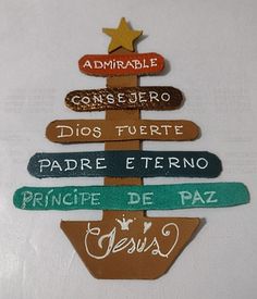 a wooden christmas tree with different colored signs on it