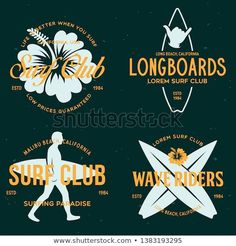 surf club badges and emblems with surfers in vintage style on dark background - stock photo