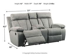 the reclining loveseat is shown with measurements for the seat and headrests