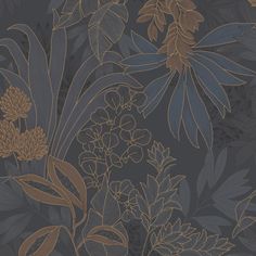 an artistic floral wallpaper design with leaves and flowers on a dark grey background,