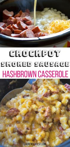 crockpot smoked sausage hashbrown casserole in a skillet