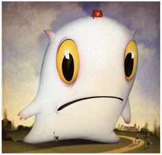 a large white monster with big eyes on a road