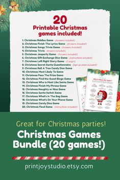 the christmas games bundle for kids to play on their own computer or tablet, with text overlay that reads 20 printable christmas games included