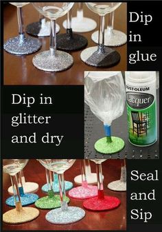 diy glitter wine glasses with the words dip in glue and seal and sip on them