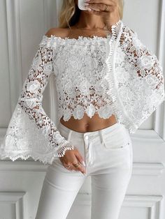 White Elegant Collar Long Sleeve Knitted Fabric Plain Top Embellished Non-Stretch  Women Clothing Stretch Lace Off-shoulder Top, Spring Party Crochet Top With Long Sleeves, Spring Party Long Sleeve Crochet Top, White Hollow Out Top For Party, Summer Long Sleeve Off-shoulder Top For Parties, Long Sleeve Crochet Top For Summer Parties, White Off-shoulder Party Blouse, Off-shoulder Lace Top For Spring, Off-shoulder Lace Tops For Party