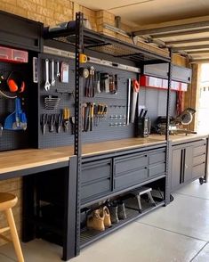 an organized workbench in a garage with tools on the wall and hanging utensils